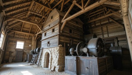 Obraz premium Historic Barn Interior with Vintage Machinery and Rustic Architecture