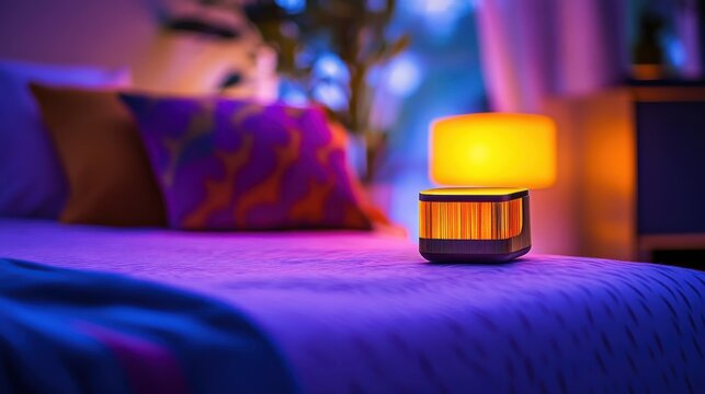A cozy bedroom scene featuring a warm light source