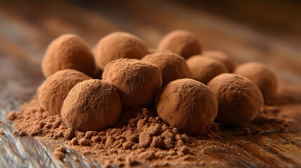 Chocolate truffles on wooden surface