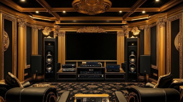 An elaborate and luxurious home theater with opulent gold accents