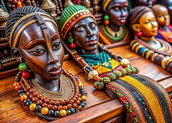 Macro Photography: African Tribal Inspired Desk Decor - Wooden Desk, Sculptures, Textiles, Beads