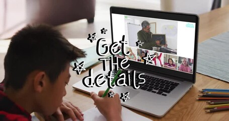 In school, child writing at desk with online class, animation overlaying details - Powered by Adobe