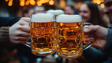 A group of friends toasting with beer mugs at an outdoor pub