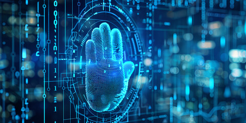 Hand on Biometric Digital Palm Scanner, Futuristic Hand Scan with Digital Fingerprint
