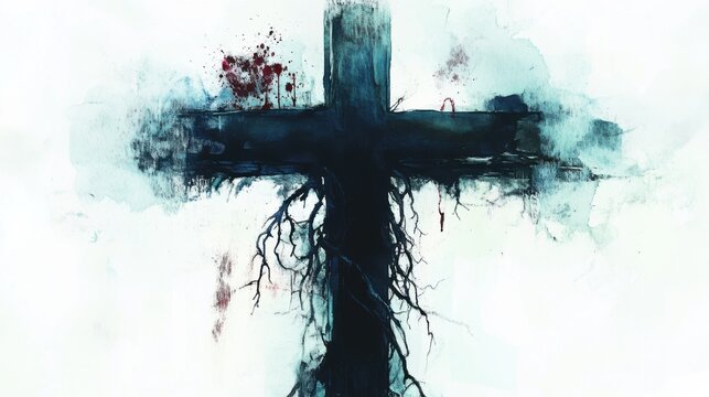 Rooted Cross: A Watercolor Depiction of Faith and Sacrifice