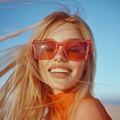 beautiful woman with blonde hair, red sunglasses, smiling under a sunny sky