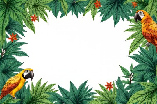Tropical Parrot & Lush Plants Border Design