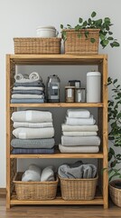 Well-arranged shelf displaying towels creating a neat and tidy living space in a bright minimalist environment isolated