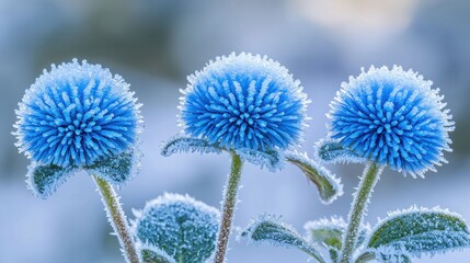 Frosted Blue Globe Thistles Close-up of flowers covered in frost with blurred backdrop