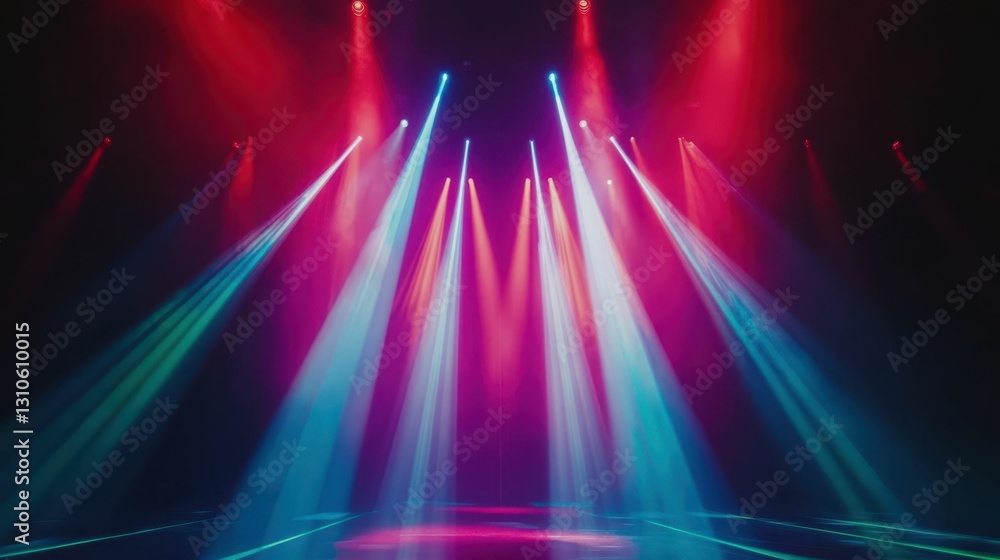 Poster dynamic concert scene with multiple colorful spotlights illuminating stage