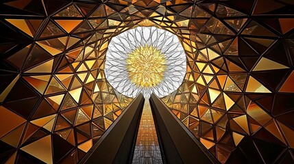 Golden Geometric Patterns Illuminating a Modern Architectural Space with Symmetrical Design
