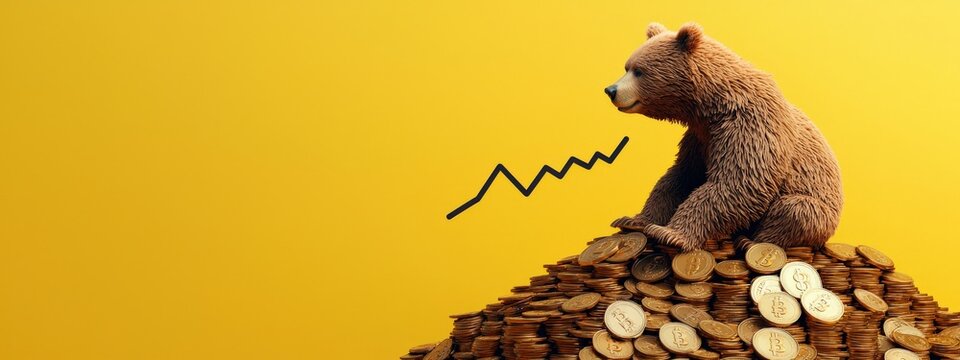 A bear sitting on a pile of coins with a bearish trendline.