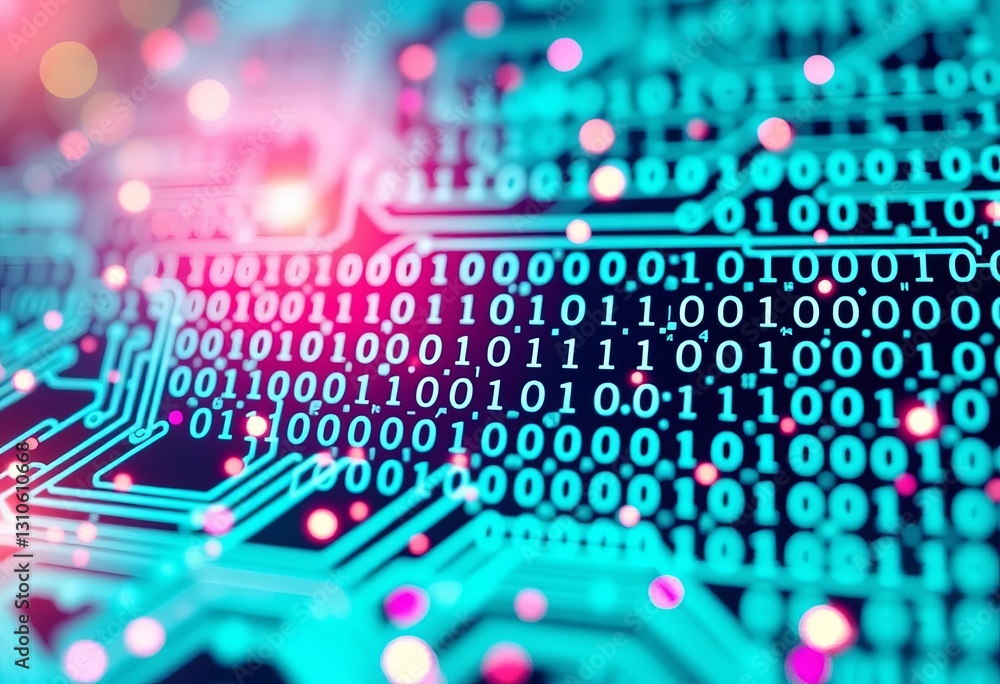 Poster abstract glowing circuit board with binary code, glowing, science