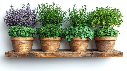 Fototapeta premium Herbs in pots lined up on wooden shelf, against white background, showcasing freshness