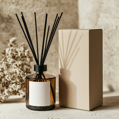 Amber Glass Reed Diffuser with Blank Label Kraft Box Home Fragrance Minimalist Design