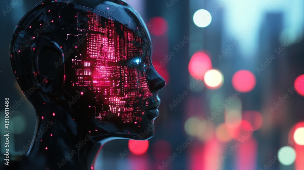 Poster futuristic robot head with glowing circuits in urban setting
