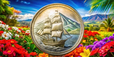 Fototapeta premium 1975 Costa Rican 20 Colones Coin Panoramic Photo - 25th Anniversary Central Bank Commemorative