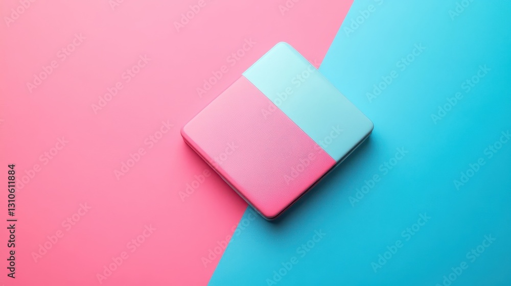 Poster a two toned square device rests on a colored background surface