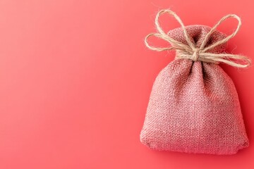 Pink Burlap Gift Bag on Coral Background.