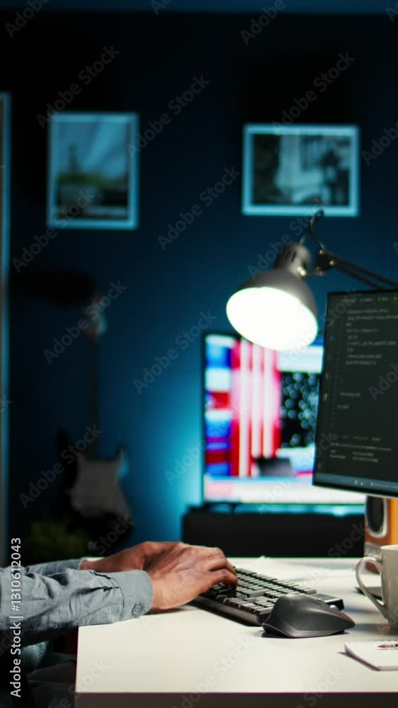 Poster vertical video african american man working on pc to write code and programming in artificial intell