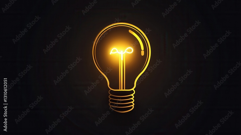 Poster minimalist icon featuring a glowing light bulb with bright yellow highlights in a clean style agains
