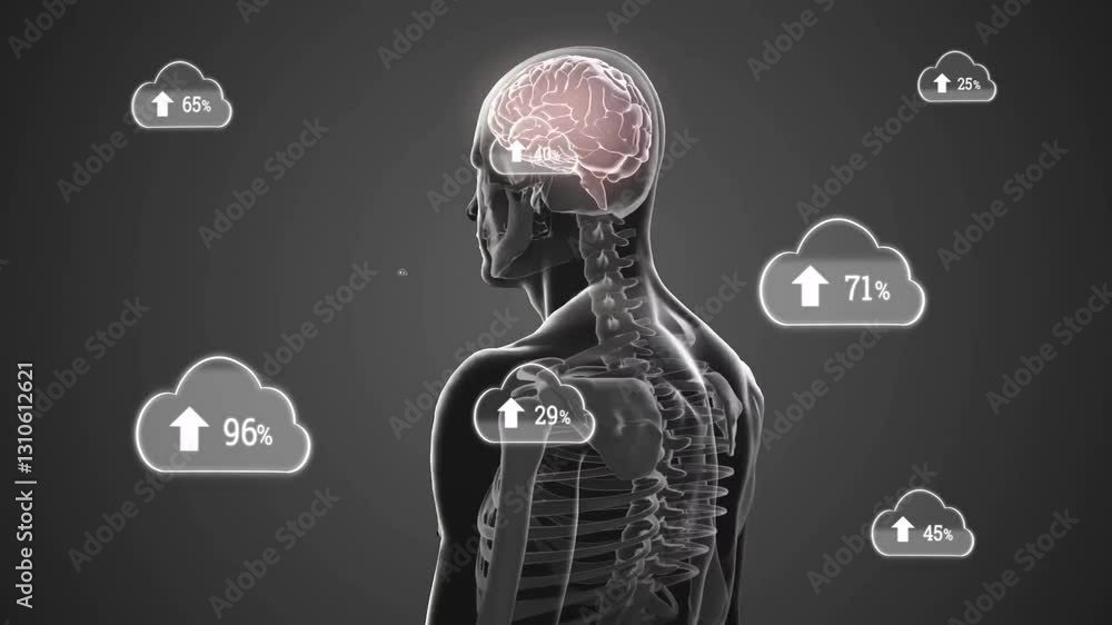 Aufkleber animation showing human skeleton with brain and cloud icons, displaying data increases