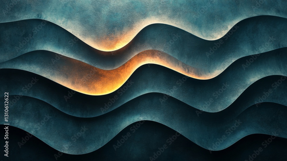 Poster abstract artwork depicting multiple textured overlapping wavy blue layers