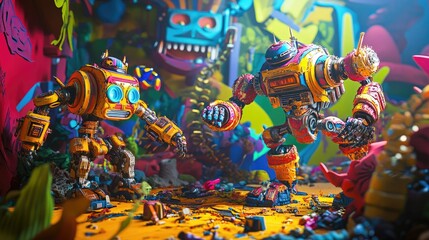 Obraz premium A dynamic scene of toy robots playing together in a futuristic, vibrant setting --ar 16:9 --v 6.1 Job ID: 46b0dc07-a2fd-4583-bc07-c4814b8c6a39