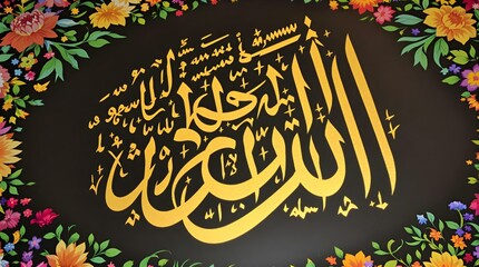 Islamic Calligraphy Art: Golden Allah Name in Thuluth Script with Floral Border, Muslim Religious Artwork, Islamic Wall Decor, Art Print