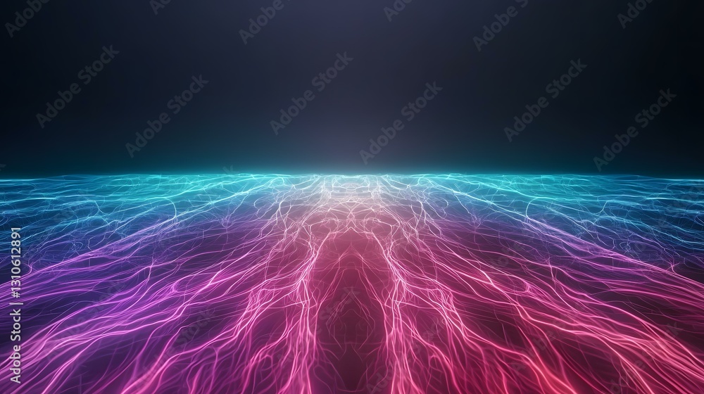 Poster the image shows an abstract representation of a landscape or surface, illuminated by glowing, thin, 