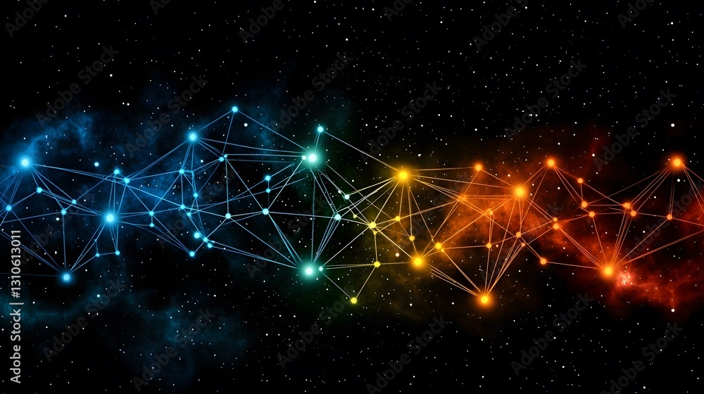 Poster the image shows a network of interconnected nodes, resembling constellations in a cosmic space. the 
