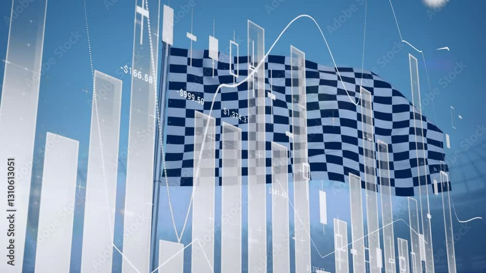 Poster checkered flag waving over financial graphs and data analysis animation
