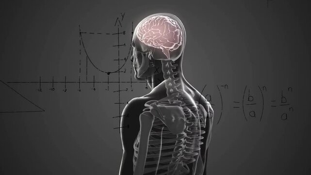 Animation of human skeleton with brain and equations on dark background