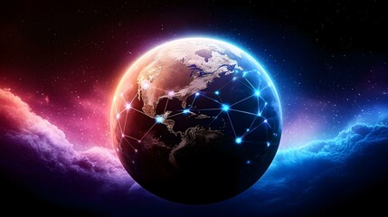 Fototapeta premium A stylized image of Earth, enveloped in a cosmic nebula, showcases glowing nodes and connecting lines, symbolizing global connectivity and digital networks.