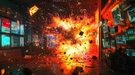Futuristic Explosion Inside High Security Facility with Neon Lights
