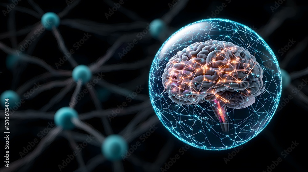 Poster a human brain is encased within a glowing sphere, its neural connections highlighted by luminous lin