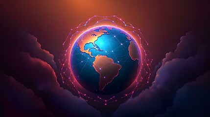 A glowing, digital representation of the Earth is encircled by a network of interconnected nodes, all set against a backdrop of dark, stylized clouds.