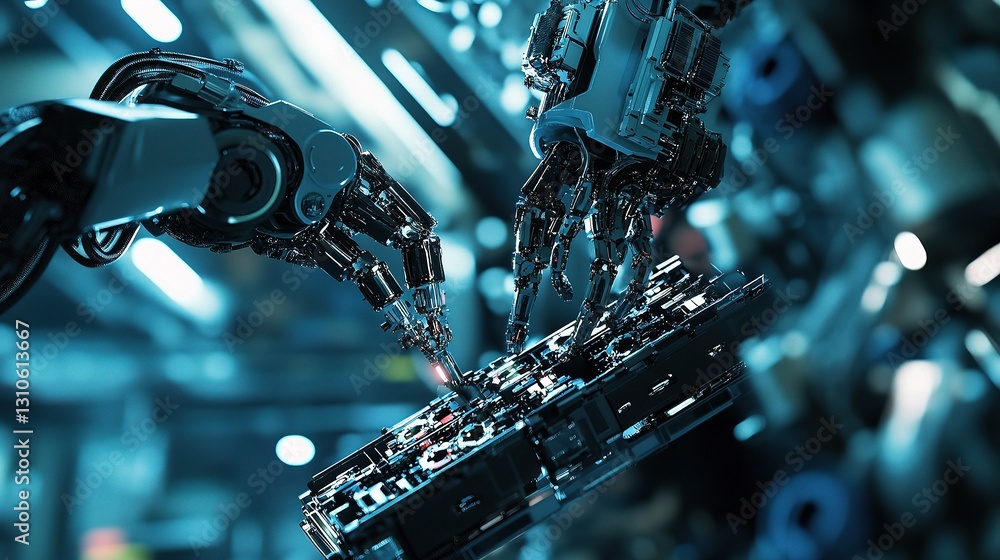 Poster robotic arm assembling components in advanced manufacturing environment