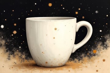 Whimsical White Mug with Golden Stars in Cosmic Setting - Artistic Coffee Cup Image