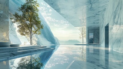 Futuristic Marble Interior with Digital Projection in Serene Setting