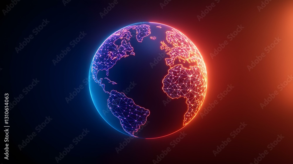 Poster the image contains a glowing, three-dimensional representation of planet earth. the planet is depict