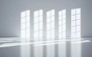 Calm Sunlight Streaming Through Multiple Windows onto a Minimalist White Floor Creating Tranquil Shadows
