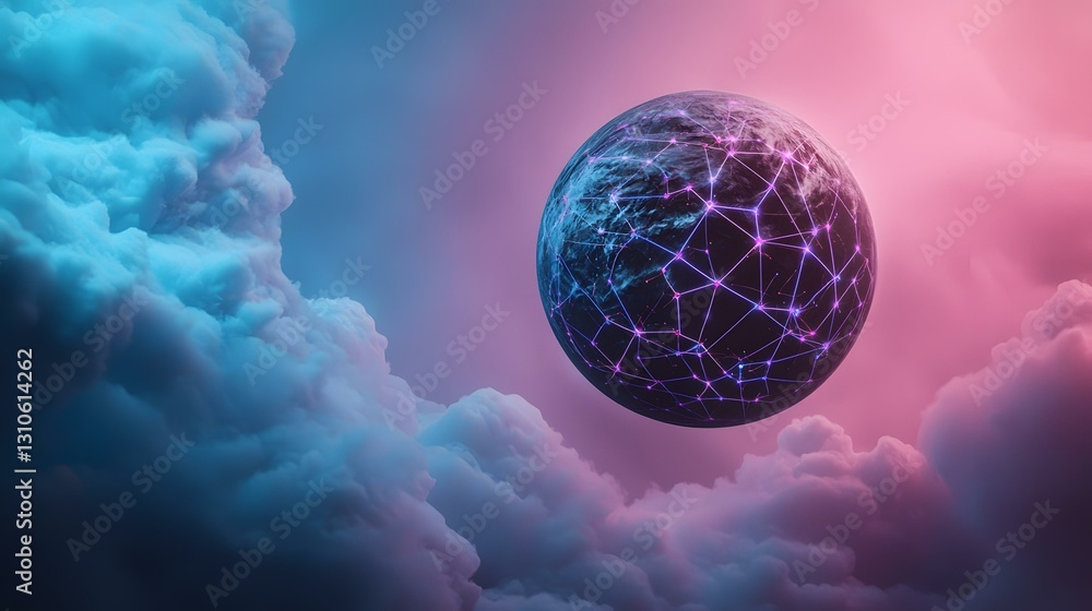 Aufkleber a digitally rendered image shows a dark globe with glowing pink and blue lines forming a network acr