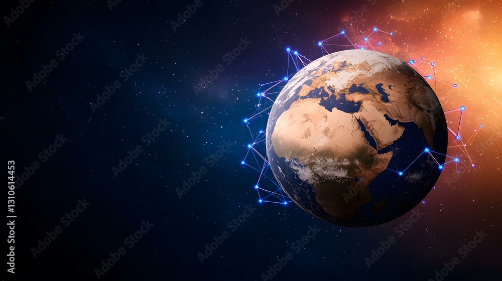 Poster a detailed image of planet earth in space, surrounded by a network of glowing lines and nodes, sugge