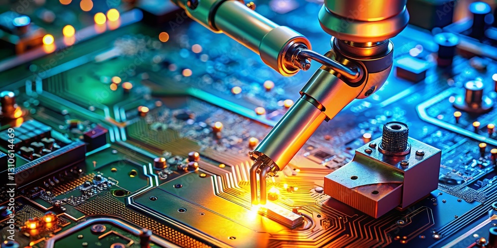 Poster macro shot: diligent robot working on complex circuitry