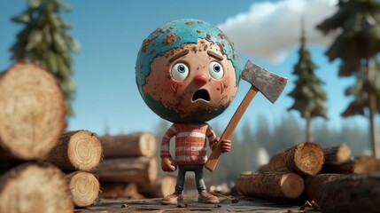 A Worried Earth Character Holding an Axe Amidst a Pile of Logs in a Forest Setting Depicting Deforestation