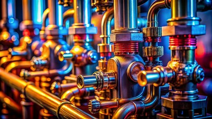 Fototapeta premium Macro Shot of Household Boiler Components: Close-up Detail of Metal and Valves