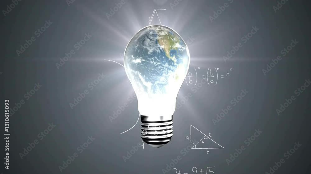 Poster animation of glowing light bulb with mathematical equations in school setting