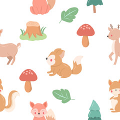 Cute Deer and Fox Cartoon Seamless Pattern