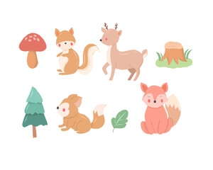 Fototapeta premium Cute Deer and Fox Cartoon Set